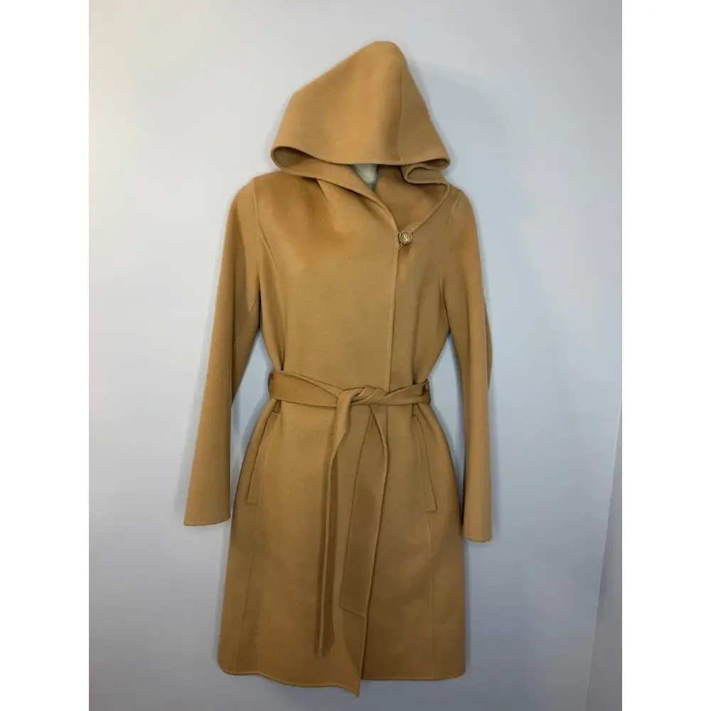 Theory Wilrose New Divide Wool Cashmere Wool Hooded Belted Wrap Coat Tan Sz S - Picture 3 of 14